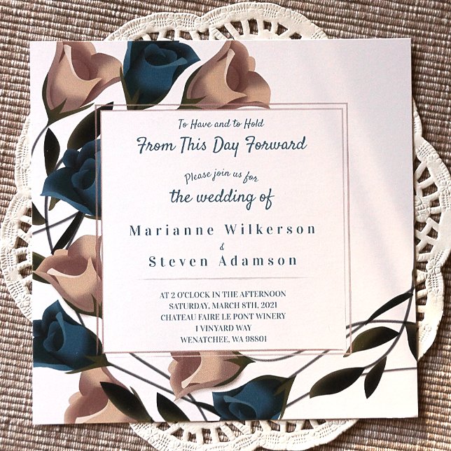 Invitación a la boda de Rosas verde azulados y ven (Teal and Beige Botanical Rose Garden Wedding Invitations, Rose Border)