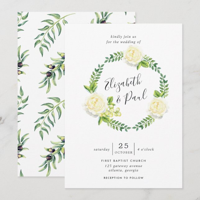 Invitación a la boda de rosas y aceitunas (Anverso / Reverso)