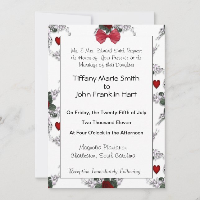 Invitación a la boda de rosas y corazones (Anverso)