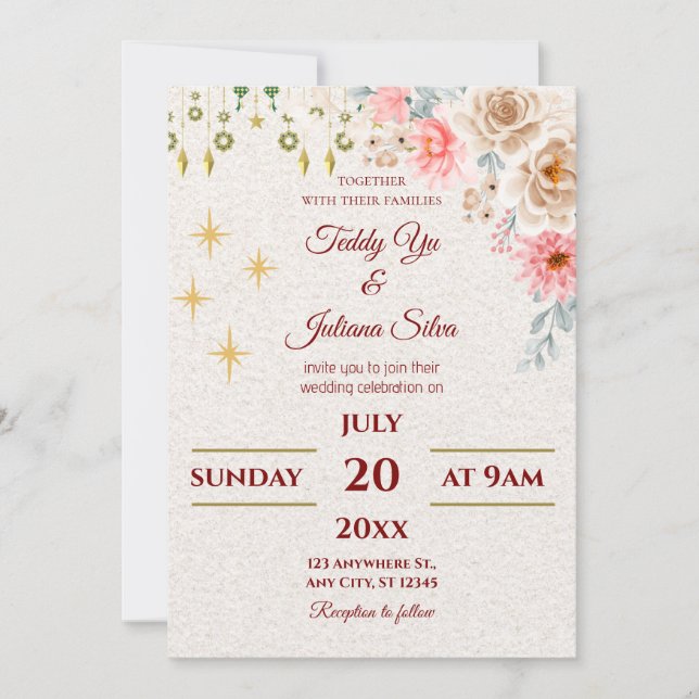 Invitación a la boda de Rosas y estrellas de oro d (Anverso)