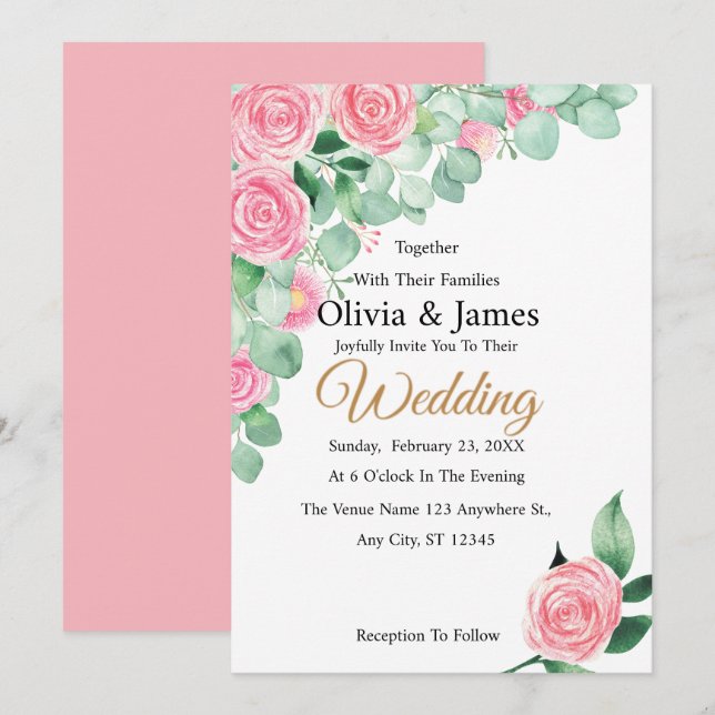 Invitación a la boda de rosas y Eucalyptus (Anverso / Reverso)