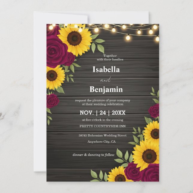 Invitación a la boda de Rosas y girasol rústico (Anverso)