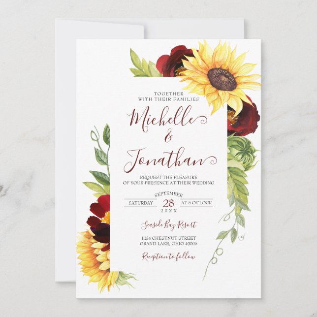 Invitación a la boda de Rosas y girasoles de Borgo (Anverso)