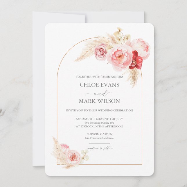 Invitación a la boda de rosas y pampas (Anverso)