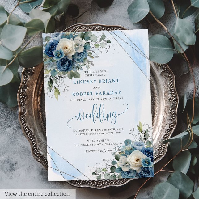 Invitación a la boda de roses plateados de Rústico (Rustic Dark Blue White Roses Silver Wedding Invite)