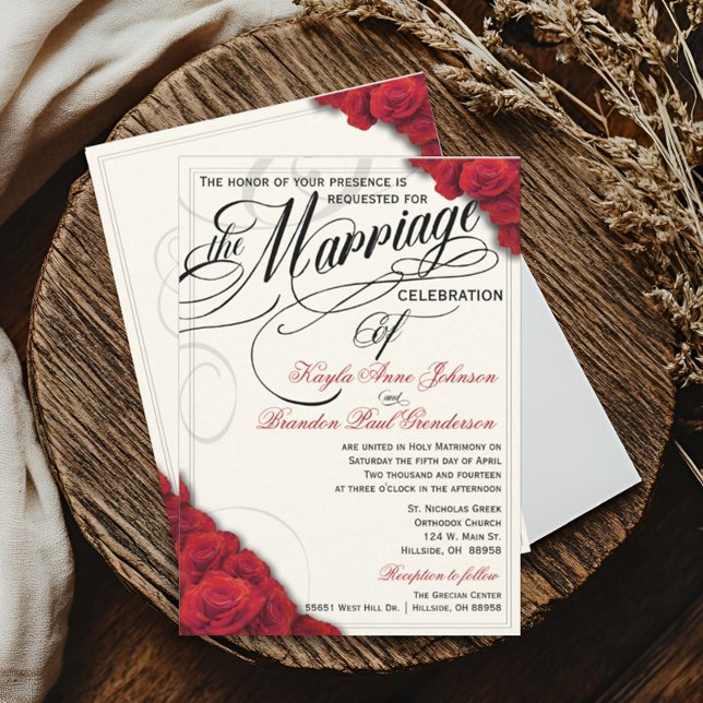 Invitación a la boda de Roses Rojos (Red Roses Classically Beautiful Script Wedding Invitation )