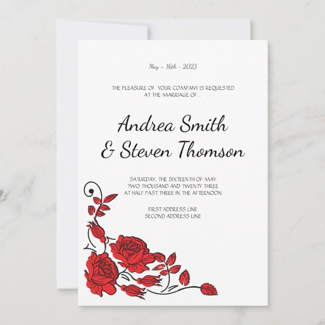 Invitación a la boda de Roses Rojos. Floral (Anverso)