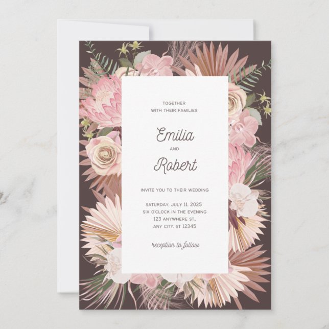Invitación a la boda de Rubor Brown Floral Dry Lea (Anverso)