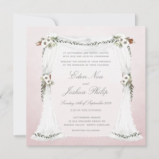 Invitación a la boda de Rubor con un Chuppah blanc (Anverso)