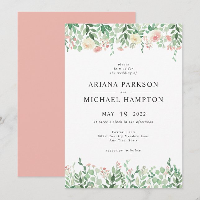 Invitación a la boda de Rubor Floral Greenery 4196 (Anverso / Reverso)