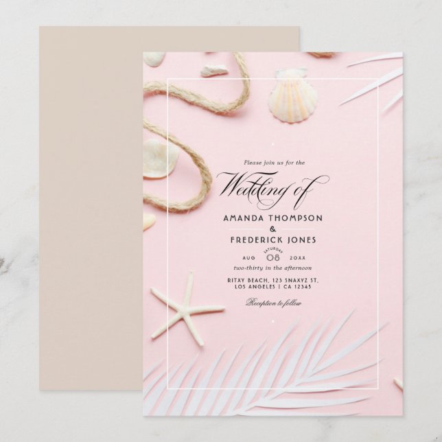 Invitación a la boda de Rubor Pink Beach (Anverso / Reverso)
