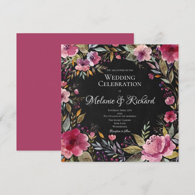 Invitación a la boda de Rubor Pink Floral Chalkboa (Anverso / Reverso)