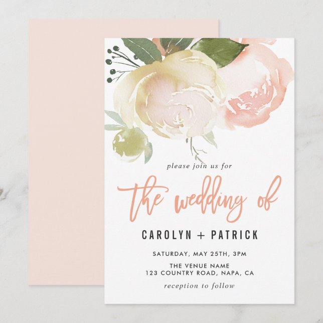 Invitación a la boda de Rubor Pink Ivory Peony (Anverso / Reverso)