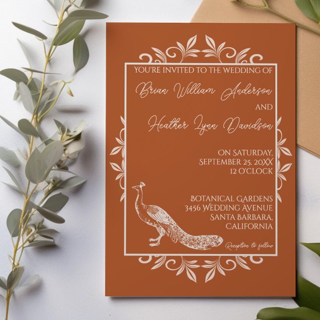 Invitación a la boda de Rust Peacock Flourish (Burnt Orange Peacock Flourish Wedding Invitation)