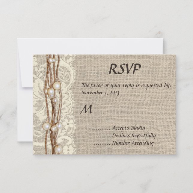 Invitación a la boda de Rustic Burlap Lace Pearls (Anverso)