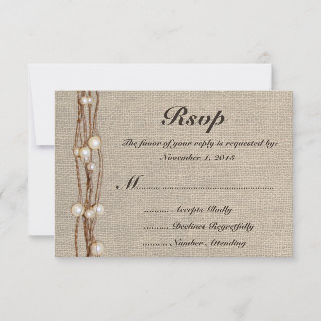 Invitación a la boda de Rustic Burlap Twine Pearls (Anverso)
