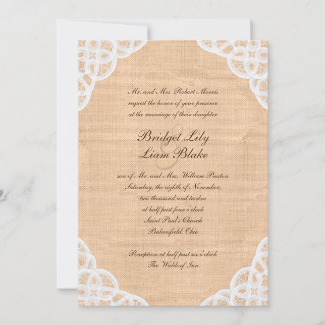 Invitación a la boda de Rústico Lace & Burlap (Anverso)
