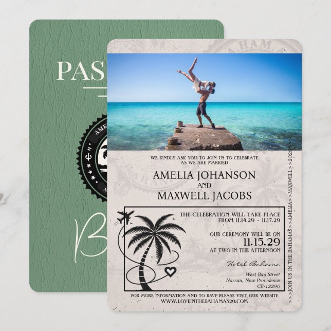 Invitación a la boda de Sage Green Bahamas Passpor (Anverso / Reverso)
