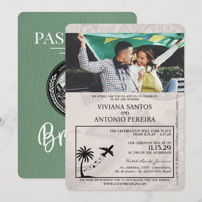 Invitación a la boda de Sage Green Brasil Passport (Anverso / Reverso)
