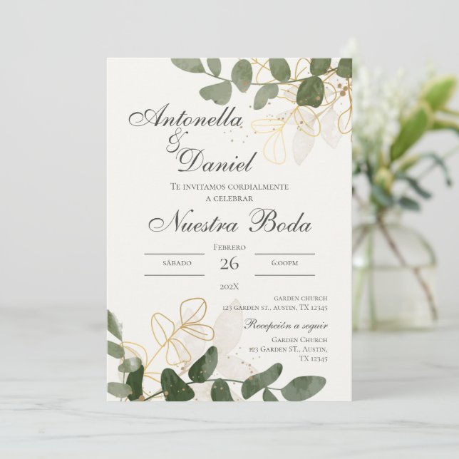 Invitación a la boda de Sage Green Floral en españ (Anverso de pie)