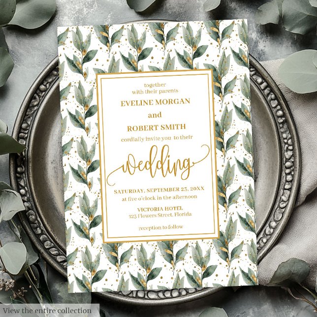 Invitación a la boda de Sage Green Gold Eucalyptus (Refined Sage Green Gold Eucalyptus Wedding Invitation)