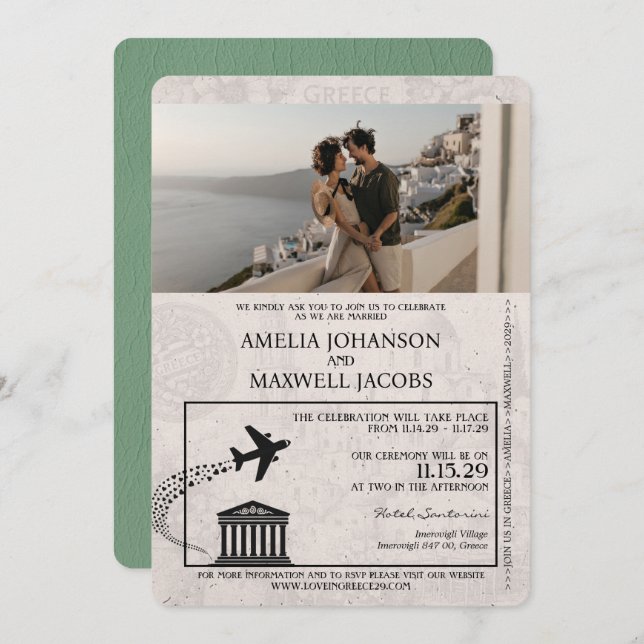 Invitación a la boda de Sage Green Greece Passport (Anverso / Reverso)