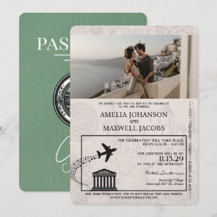 Invitación a la boda de Sage Green Greece Passport