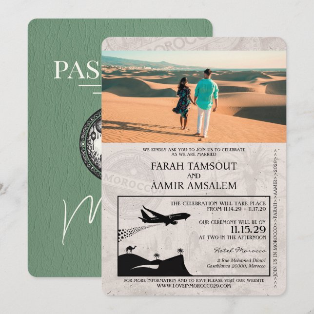 Invitación a la boda de Sage Green Morocco Passpor (Anverso / Reverso)