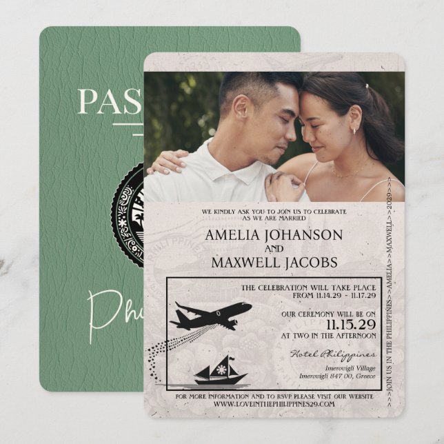 Invitación a la boda de Sage Green Philippines Pas (Anverso / Reverso)