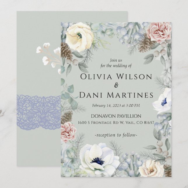 Invitación a la boda de Sage Green Rubor Floral Na (Anverso / Reverso)