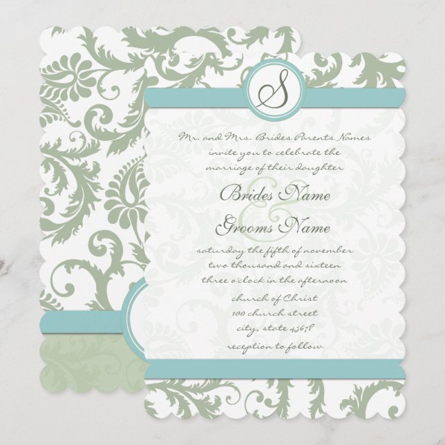 Invitación a la boda de Sage Green y Aqua Damask (Anverso / Reverso)