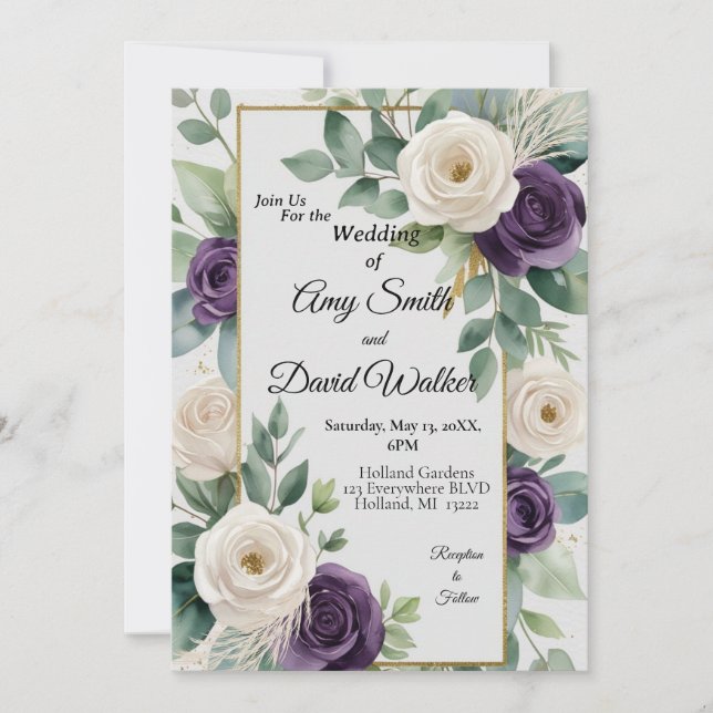 Invitación a la boda de Sage Green y Purple Floral (Anverso)