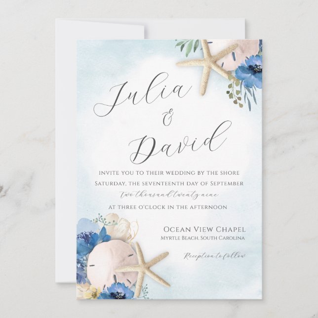 Invitación a la boda de Sand Dollar Blue Floral Be (Anverso)