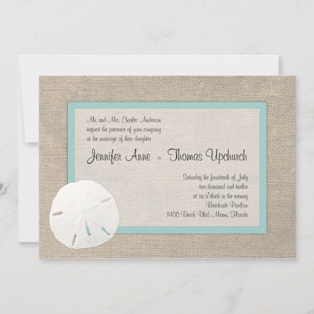 Invitación a la boda de Sand Dollar & Burlap Beach (Anverso)