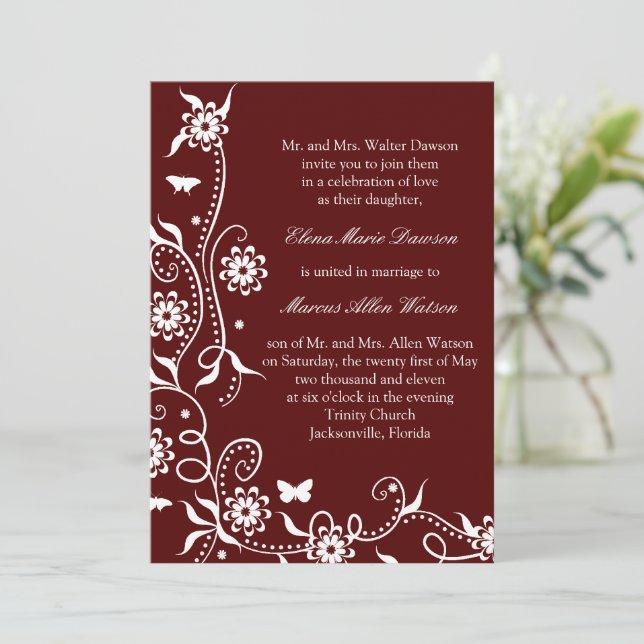 Invitación a la boda de Scarlet Red Floral Swirl (Anverso de pie)