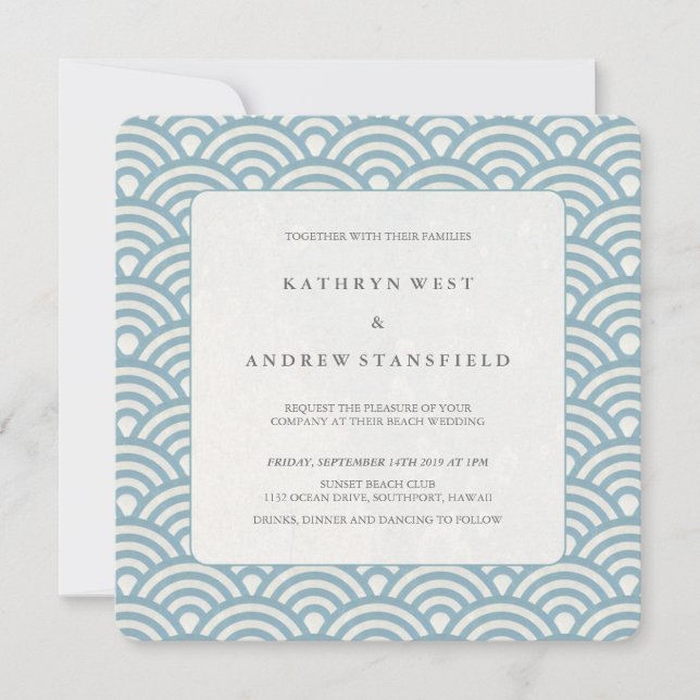 Invitación a la boda de Sea Blue + White Pattern B (Anverso)