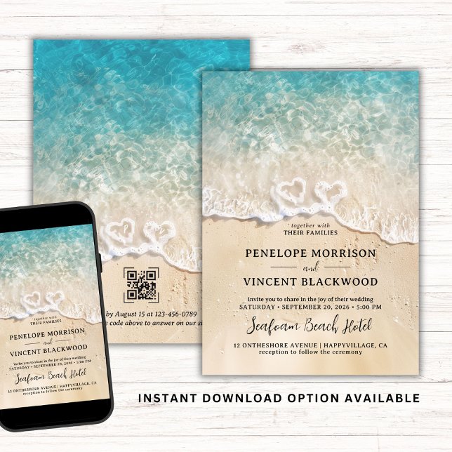 Invitación a la boda de Sea Foam Hearts Beach Wedd (Subido por el creador)