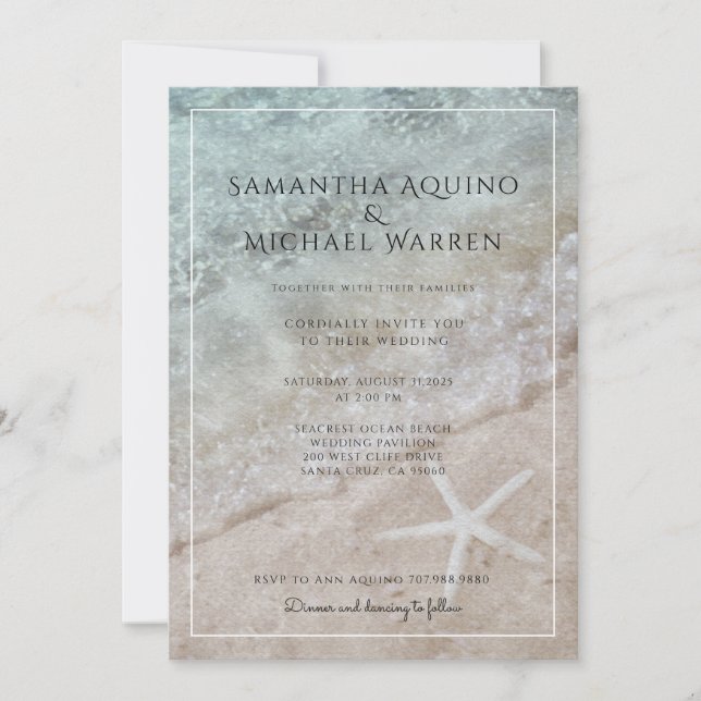 Invitación a la boda de Sea Foam Sand Ocean Beach (Anverso)