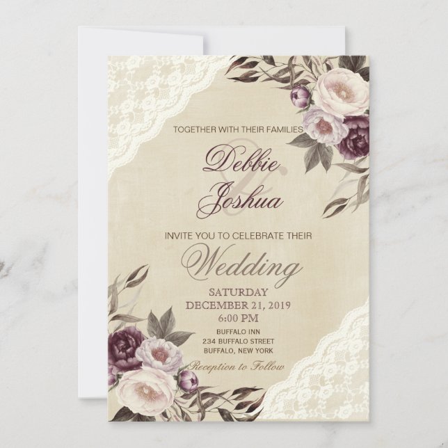 Invitación a la boda de Shabby Chic Purple Floral  (Anverso)