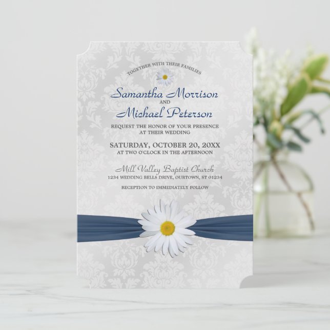 Invitación a la boda de Shasta Daisy Navy Blue Rib (Anverso de pie)