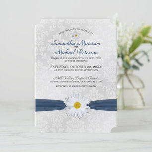 Invitación a la boda de Shasta Daisy Navy Blue Rib