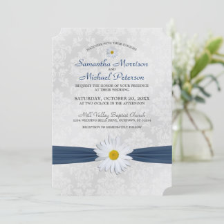 Invitación a la boda de Shasta Daisy Navy Blue Rib