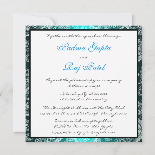 Invitación a la boda de Shimmer Aqua y White Paisl (Reverso)