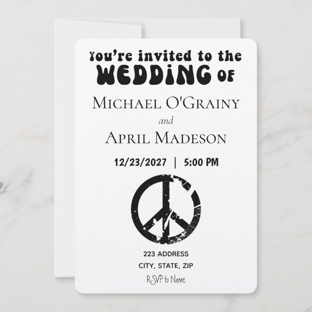 Invitación a la boda de signo de paz hippy (Anverso)