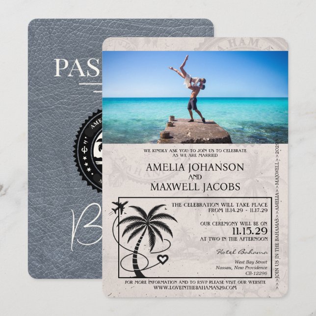 Invitación a la boda de Silver Bahamas Passport (Anverso / Reverso)