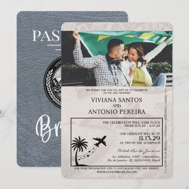 Invitación a la boda de Silver Brazil Passport (Anverso / Reverso)