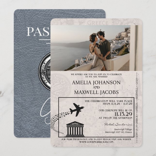 Invitación a la boda de Silver Greece Passport (Anverso / Reverso)