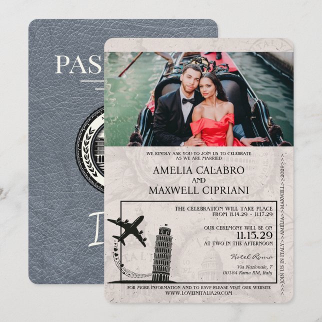 Invitación a la boda de Silver Italy Passport (Anverso / Reverso)