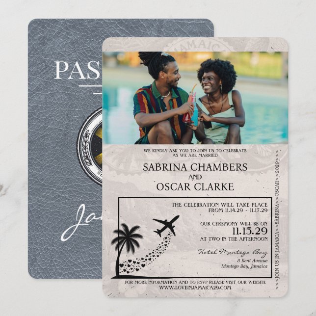 Invitación a la boda de Silver Jamaica Passport (Anverso / Reverso)