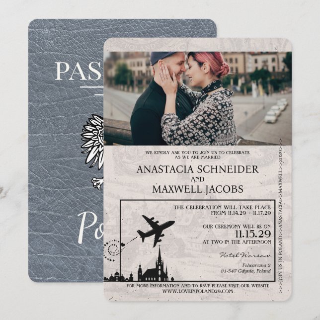 Invitación a la boda de Silver Poland Passport (Anverso / Reverso)